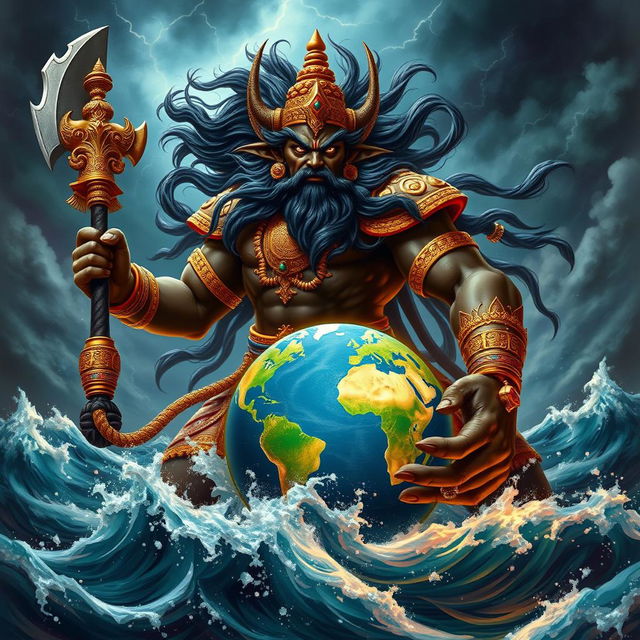 A vibrant and powerful depiction of Hiranyaksha, a mythical demon from Hindu mythology