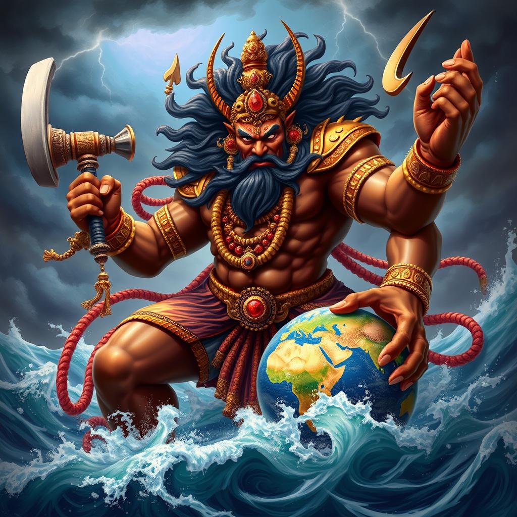 A vibrant and powerful depiction of Hiranyaksha, a mythical demon from Hindu mythology