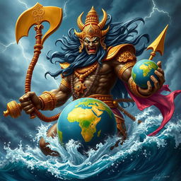 A vibrant and powerful depiction of Hiranyaksha, a mythical demon from Hindu mythology