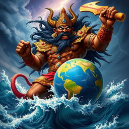 A vibrant and powerful depiction of Hiranyaksha, a mythical demon from Hindu mythology