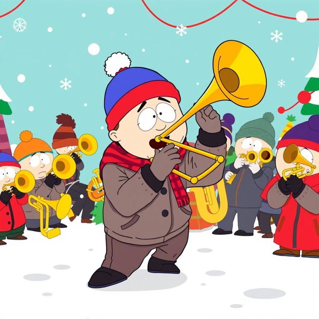 A dynamic illustration of Stan Marsh from South Park energetically playing a trombone as part of a vibrant band