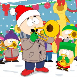 A dynamic illustration of Stan Marsh from South Park energetically playing a trombone as part of a vibrant band