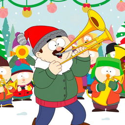 A dynamic illustration of Stan Marsh from South Park energetically playing a trombone as part of a vibrant band
