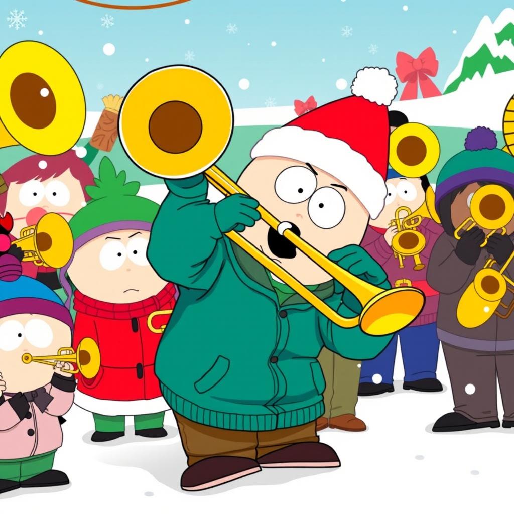 A dynamic illustration of Stan Marsh from South Park energetically playing a trombone as part of a vibrant band