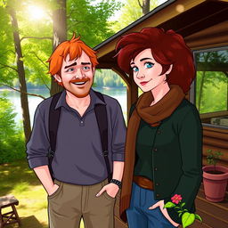 An idyllic cabin surrounded by lush green trees and a serene lake, featuring an older red-headed male with a warm smile and friendly demeanor, standing beside Hermione Granger, who is depicted with her signature bushy hair and a thoughtful expression
