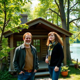 An idyllic cabin surrounded by lush green trees and a serene lake, featuring an older red-headed male with a warm smile and friendly demeanor, standing beside Hermione Granger, who is depicted with her signature bushy hair and a thoughtful expression