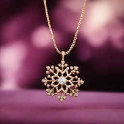 A luxurious necklace featuring a pendant of a diamond snowflake adorned with gold, sparkling against a lush velvet backdrop.