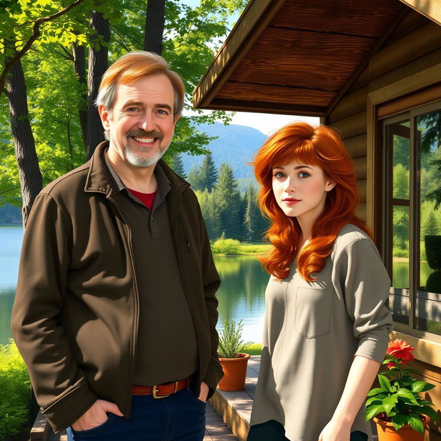 An idyllic cabin surrounded by lush green trees and a serene lake, featuring an older red-headed male with a warm smile and friendly demeanor, standing beside Hermione Granger, who is depicted with her signature bushy hair and a thoughtful expression