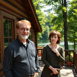 An idyllic cabin surrounded by lush green trees and a serene lake, featuring an older red-headed male with a warm smile and friendly demeanor, standing beside Hermione Granger, who is depicted with her signature bushy hair and a thoughtful expression