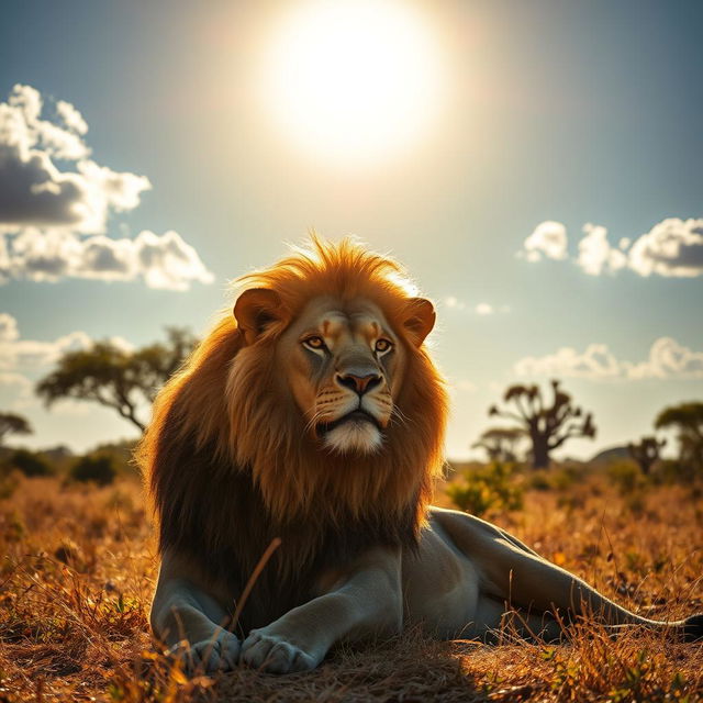 A majestic lion basking under the golden sunlight on a savannah, showcasing its magnificent mane, with a backdrop of acacia trees and tall grass swaying in the gentle breeze