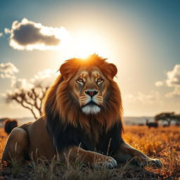 A majestic lion basking under the golden sunlight on a savannah, showcasing its magnificent mane, with a backdrop of acacia trees and tall grass swaying in the gentle breeze