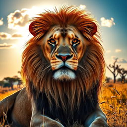 A majestic lion basking under the golden sunlight on a savannah, showcasing its magnificent mane, with a backdrop of acacia trees and tall grass swaying in the gentle breeze