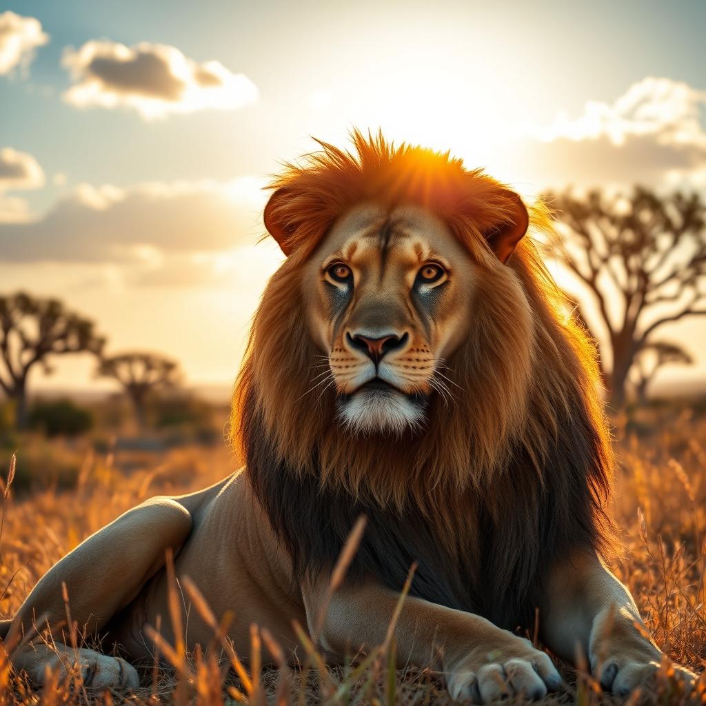 A majestic lion basking under the golden sunlight on a savannah, showcasing its magnificent mane, with a backdrop of acacia trees and tall grass swaying in the gentle breeze