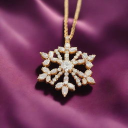 A luxurious necklace featuring a pendant of a diamond snowflake adorned with gold, sparkling against a lush velvet backdrop.