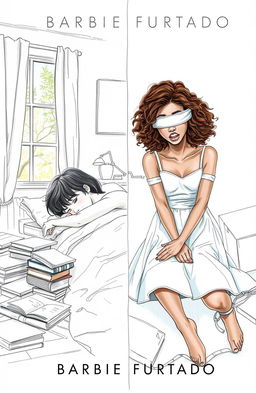 A professional sketch in fine trace style depicting a juxtaposed scene for a book cover