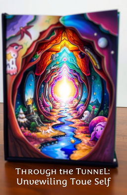 A beautifully crafted tunnel book titled 'Through the Tunnel: Unveiling the Self', showcasing a series of intricate layers depicting a vibrant and abstract representation of a tunnel leading to a radiant light