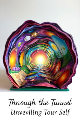 A beautifully crafted tunnel book titled 'Through the Tunnel: Unveiling the Self', showcasing a series of intricate layers depicting a vibrant and abstract representation of a tunnel leading to a radiant light