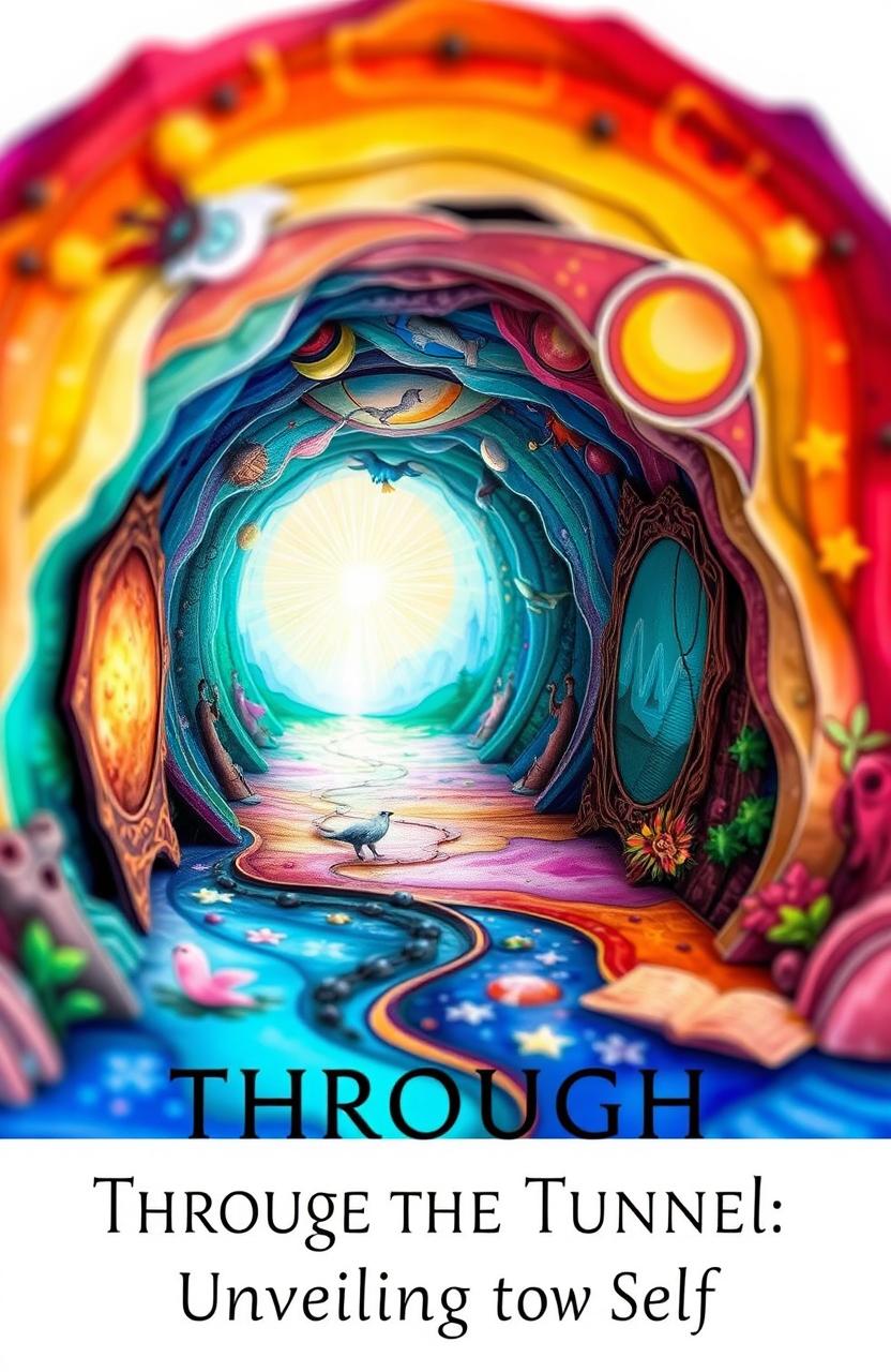 A beautifully crafted tunnel book titled 'Through the Tunnel: Unveiling the Self', showcasing a series of intricate layers depicting a vibrant and abstract representation of a tunnel leading to a radiant light