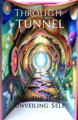 A beautifully crafted tunnel book titled 'Through the Tunnel: Unveiling the Self', showcasing a series of intricate layers depicting a vibrant and abstract representation of a tunnel leading to a radiant light