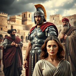 A dramatic movie poster featuring a Roman general in ornate armor, confidently standing with a backdrop of ancient Judea replete with historical architecture