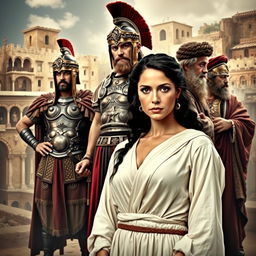 A dramatic movie poster featuring a Roman general in ornate armor, confidently standing with a backdrop of ancient Judea replete with historical architecture