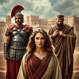A dramatic movie poster featuring a Roman general in ornate armor, confidently standing with a backdrop of ancient Judea replete with historical architecture