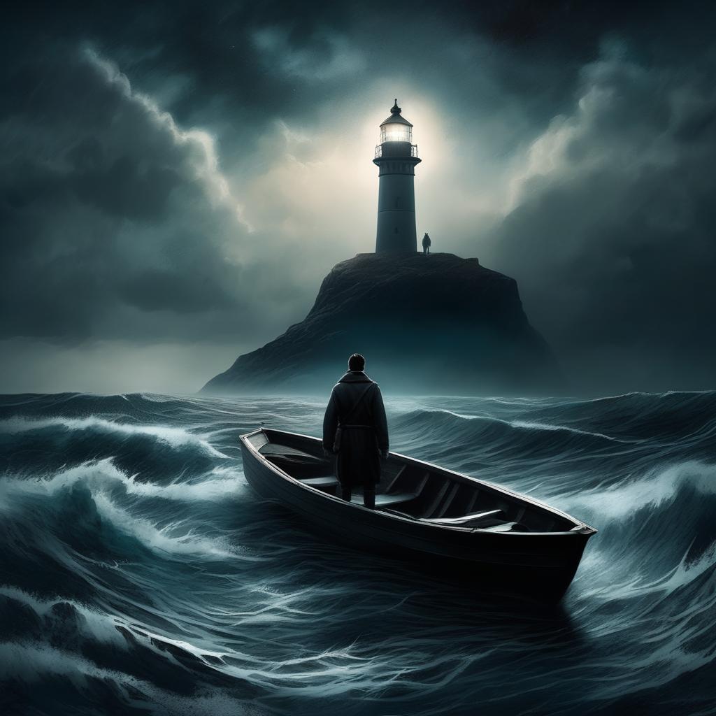 A horror book cover titled 'Bring Me The Horizon' featuring a lone figure in a small boat amidst a stormy sea under a night sky, heading towards an ominously dark lighthouse on a distant cliff