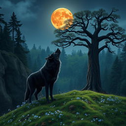 A black-furred wolf with sparkling blue eyes standing on a hill in a lush forest, gazing up at the bright blood moon that is rising magnificently in the night sky