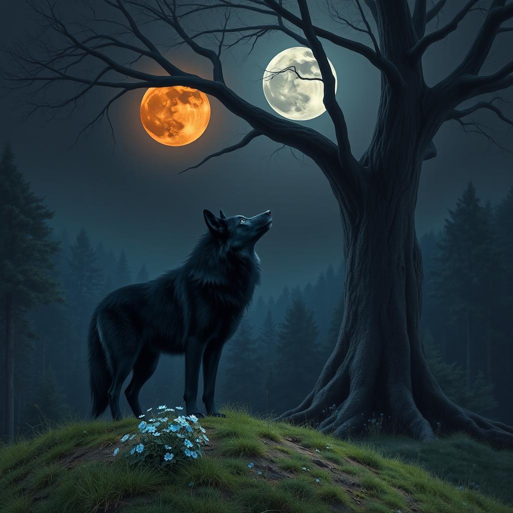 A black-furred wolf with sparkling blue eyes standing on a hill in a lush forest, gazing up at the bright blood moon that is rising magnificently in the night sky