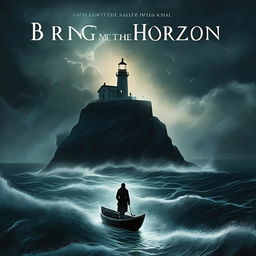 A horror book cover titled 'Bring Me The Horizon' featuring a lone figure in a small boat amidst a stormy sea under a night sky, heading towards an ominously dark lighthouse on a distant cliff