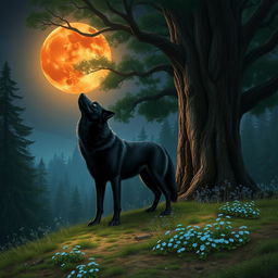 A black-furred wolf with sparkling blue eyes standing on a hill in a lush forest, gazing up at the bright blood moon that is rising magnificently in the night sky