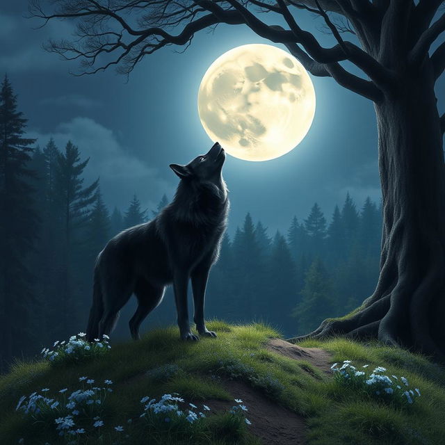 A black-furred wolf with sparkling blue eyes standing on a hill in a lush forest, gazing up at the bright blood moon that is rising magnificently in the night sky