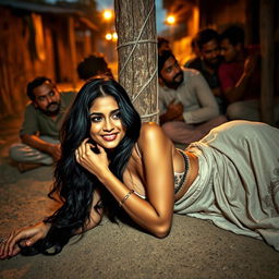 A sultry Pakistani woman with striking features, lying on a dusty village road, leaning back against a rustic pole