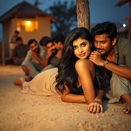 A sultry Pakistani woman with striking features, lying on a dusty village road, leaning back against a rustic pole