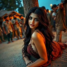 A sultry Pakistani woman with striking features, lying on a dusty village road, leaning back against a rustic pole