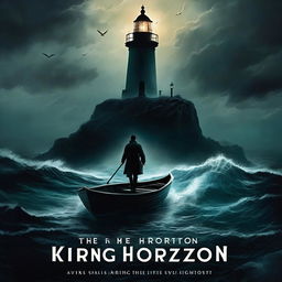 A horror book cover titled 'Bring Me The Horizon' featuring a lone figure in a small boat amidst a stormy sea under a night sky, heading towards an ominously dark lighthouse on a distant cliff