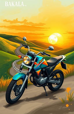 A beautifully illustrated motorcycle in vibrant colors parked against a scenic landscape featuring rolling hills and a picturesque sunset