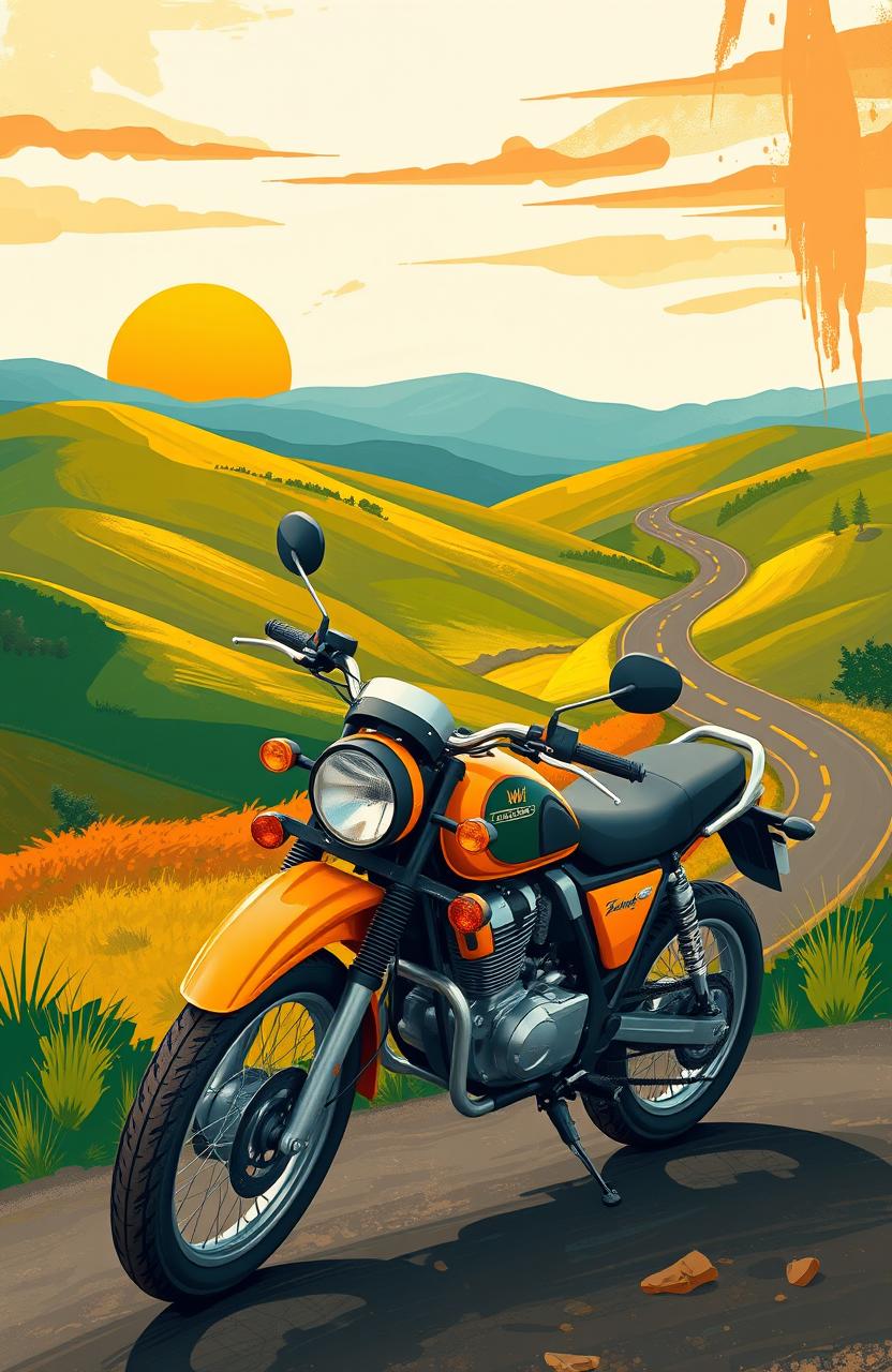 A beautifully illustrated motorcycle in vibrant colors parked against a scenic landscape featuring rolling hills and a picturesque sunset