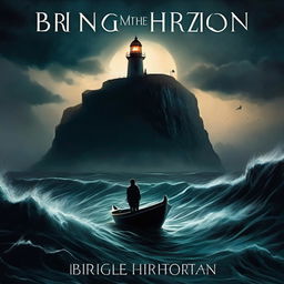 A horror book cover titled 'Bring Me The Horizon' featuring a lone figure in a small boat amidst a stormy sea under a night sky, heading towards an ominously dark lighthouse on a distant cliff