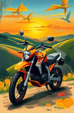 A beautifully illustrated motorcycle in vibrant colors parked against a scenic landscape featuring rolling hills and a picturesque sunset