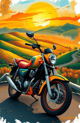 A beautifully illustrated motorcycle in vibrant colors parked against a scenic landscape featuring rolling hills and a picturesque sunset
