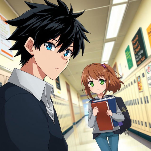 A school hallway scene showcasing a tall male character with black hair and striking blue eyes, intently watching a girl with chestnut hair and bright green eyes as she walks by carrying books