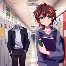 A school hallway scene showcasing a tall male character with black hair and striking blue eyes, intently watching a girl with chestnut hair and bright green eyes as she walks by carrying books