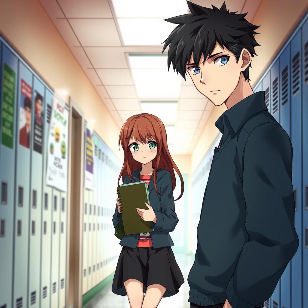 A school hallway scene showcasing a tall male character with black hair and striking blue eyes, intently watching a girl with chestnut hair and bright green eyes as she walks by carrying books