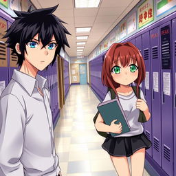 A school hallway scene showcasing a tall male character with black hair and striking blue eyes, intently watching a girl with chestnut hair and bright green eyes as she walks by carrying books