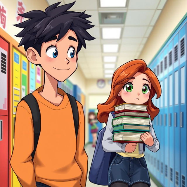 A lively school hallway scene featuring a tall, human-like male character with tousled black hair and bright blue eyes, watching a girl with wavy chestnut hair and vibrant green eyes as she walks by, carrying a stack of books