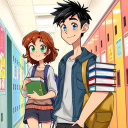 A lively school hallway scene featuring a tall, human-like male character with tousled black hair and bright blue eyes, watching a girl with wavy chestnut hair and vibrant green eyes as she walks by, carrying a stack of books