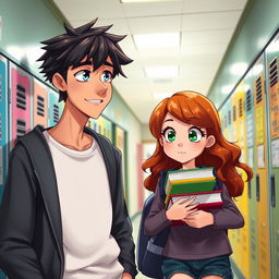 A lively school hallway scene featuring a tall, human-like male character with tousled black hair and bright blue eyes, watching a girl with wavy chestnut hair and vibrant green eyes as she walks by, carrying a stack of books