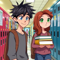 A lively school hallway scene featuring a tall, human-like male character with tousled black hair and bright blue eyes, watching a girl with wavy chestnut hair and vibrant green eyes as she walks by, carrying a stack of books