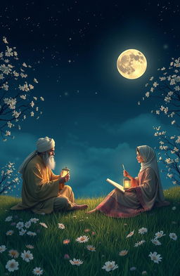 A tranquil moonlit night scene featuring a serene setting with three elegant poets sharing verses under a luminous sky filled with stars